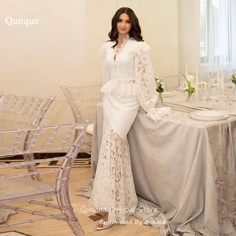 

Qunque Vintage Long Puff Sleeves Wedding Dresses Long Mermaid Evening Dresses Illusion Lace Vestido De Novia Boda Customized