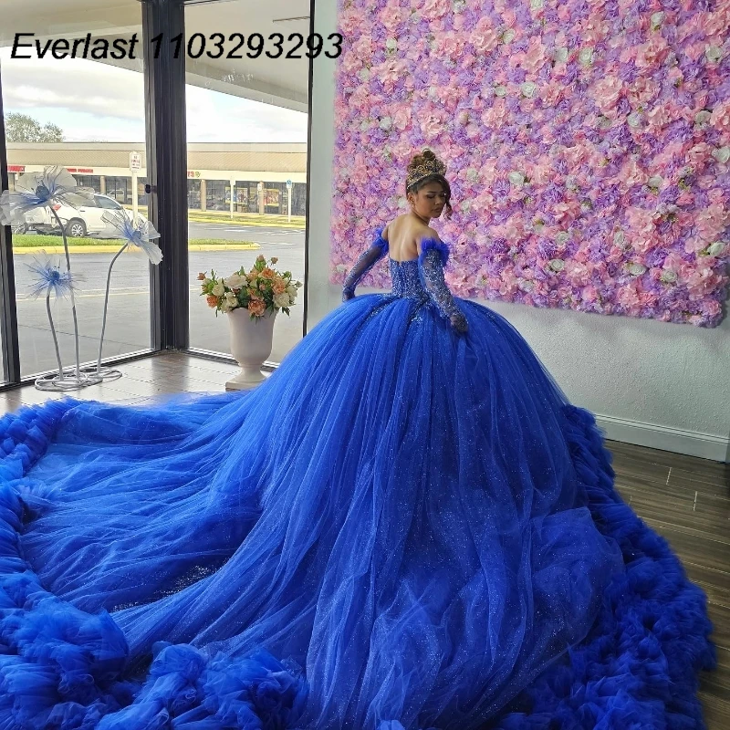 EVLAST Royal Blue Quinceanera Dress Ball Gown Applique Bead Long Sleeve Tiered Charro Mexican Sweet 16 Vestido De 15 Anos TQD316