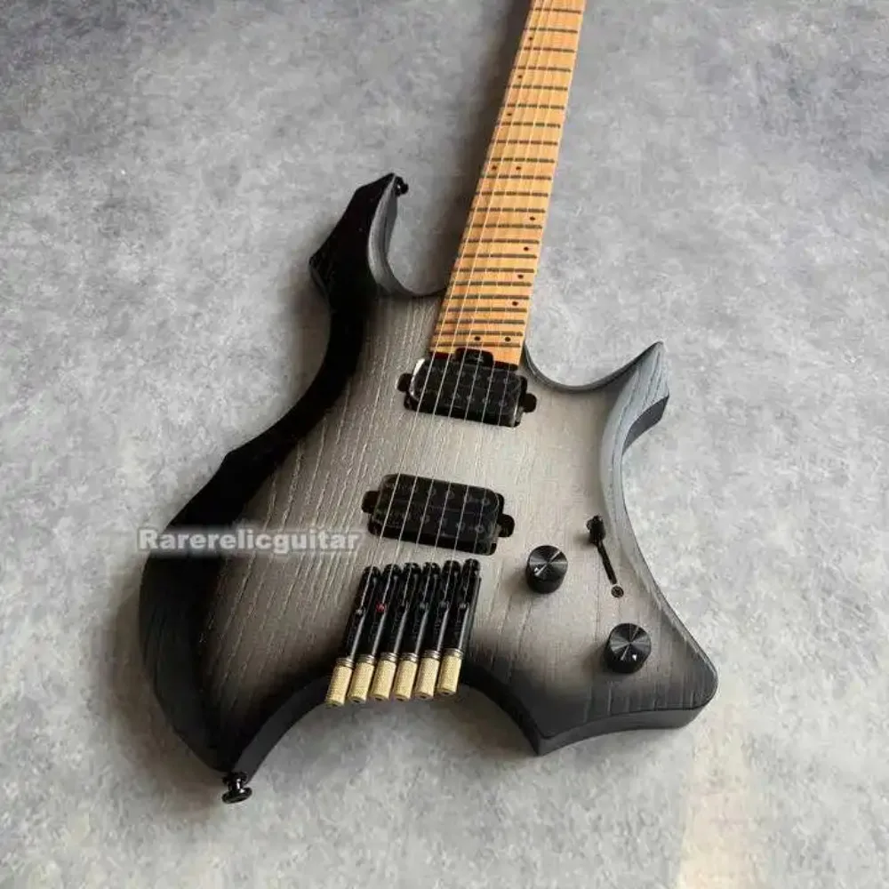 Headless Black Electric Guitar Roasted Ash Body Roasted Maple Neck Stainless Steel Frets Dual Humbucker Pickups Brass Bridge