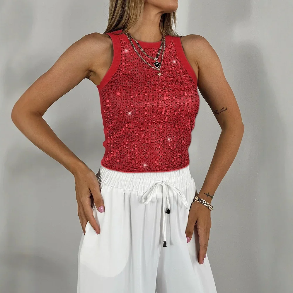 Tank Top Women Summer 2025 New Fashion Glitter Luxury Allover Sequin O-Neck Sexy Sleeveless Slim Casual Daily Tee Y2K T-shirt