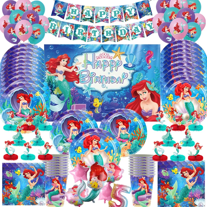 The Little Mermaid Princess Ariel Tableware Set Girl Birthday Decorations Balloon Paper Plate Cup Tablecloth Party Supplies