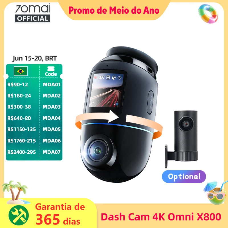 Versão global 70mai Dash Cam 4K Omni X800 360 °   Supercapacitor compatível com 4G com suporte para HDR de canal duplo giratório 70mai X800 Omni