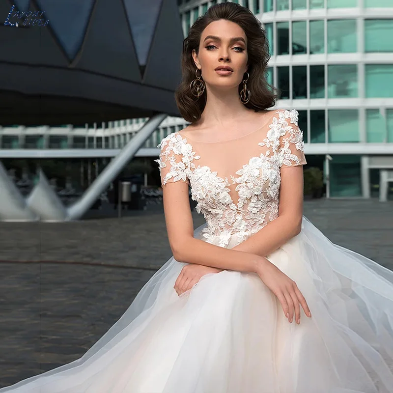 Gaun pernikahan lengan pendek ilusi pengantin gaun pengantin Tulle A-line gaun pengantin wanita vestivestivintage Vestido De Novia