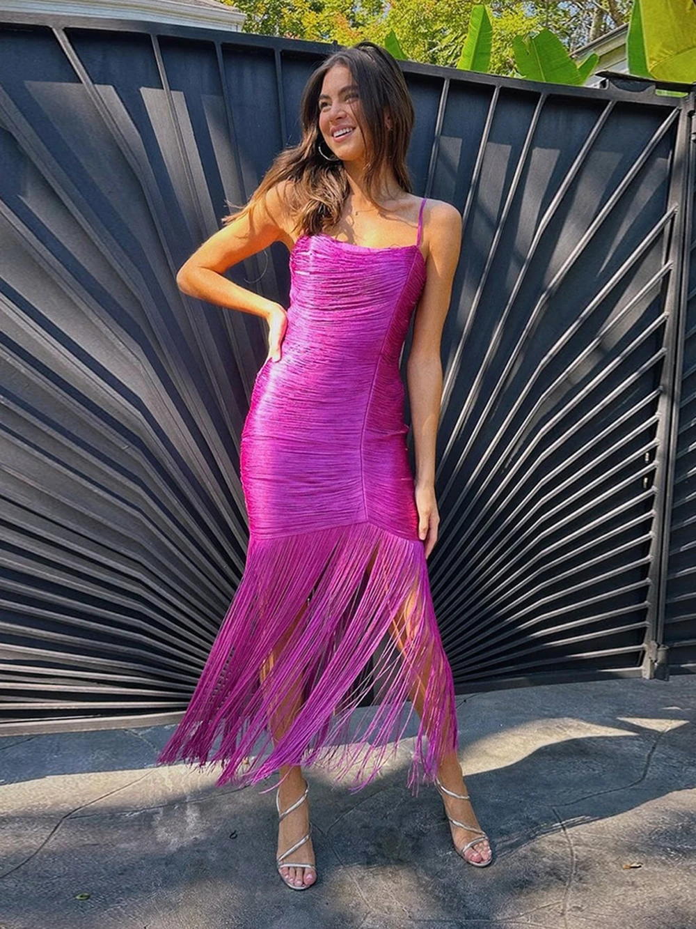 Modphy Wysokiej Jakości Sukienki Damskie z Frędzlami, Różowo-Czerwone, na Cienkich Ramiączkach, Długie, z Chwostami, Sukienka Bandage w Stylu Celebrytów, Sukienka na Bal, Vestidos