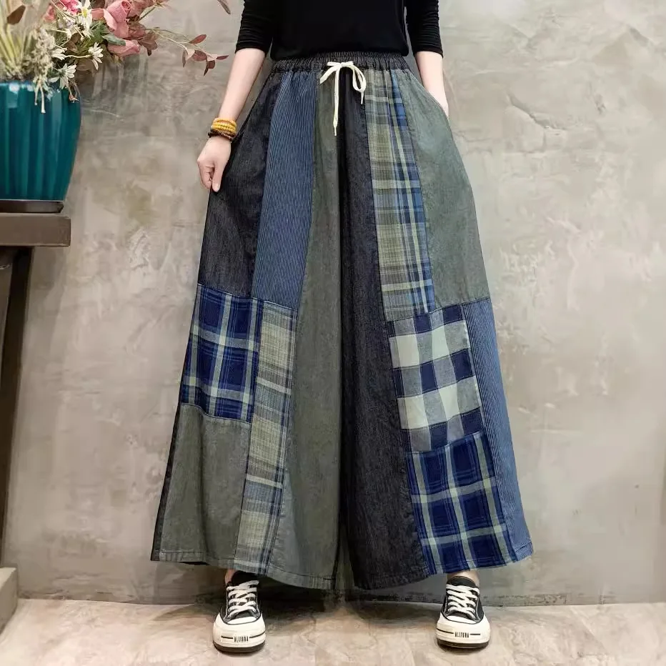 

SuperAen Korean Style Women Wide-leg Pants Autumn 2024 New Fashion Vintage Plaid Patchwork Oversize Elastic Waist Lace-up Pants