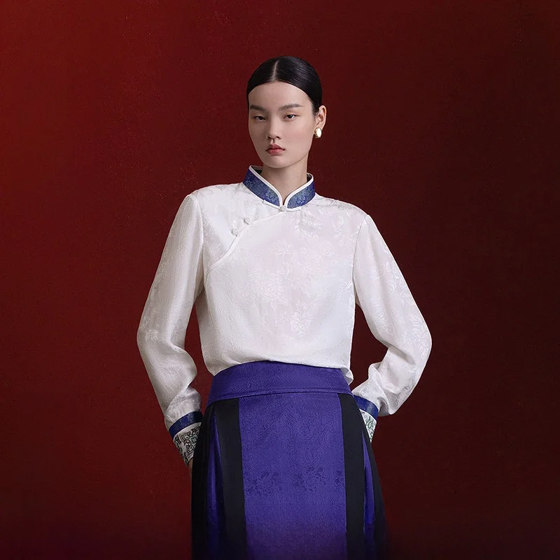 

Ele Long Sve Floral Embroidery irt New Chinese Sle Women's Clothing SONG JIN Mosaic irt Loose Fit Stand Collar