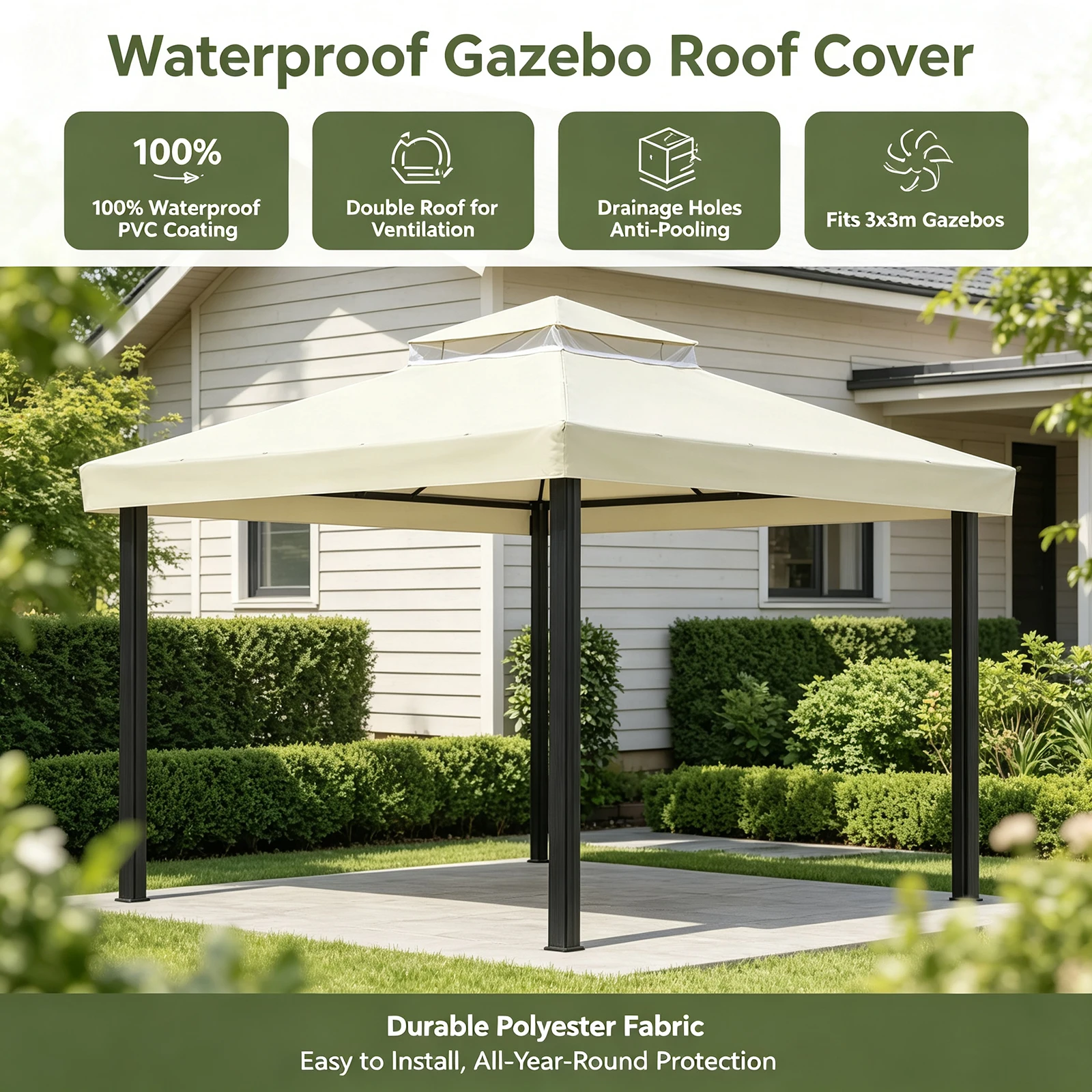 3x3m Pavillon-Ersatzdach aus wasserdichtem Polyester mit Entwässerungslöchern und Anti-Verdickungs-Design, atmungsaktives Netzgewebe, Doppeldach für Garten, Terrasse, Café, Schattenspender, einfach