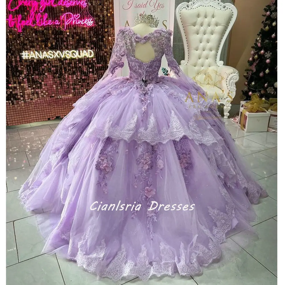 Lilac 3D Flowers Ruffles Quinceanera Dress Ball Gown Detachable Jacket Beading Crystal Appliques Corset Vestidos De Quinceañera