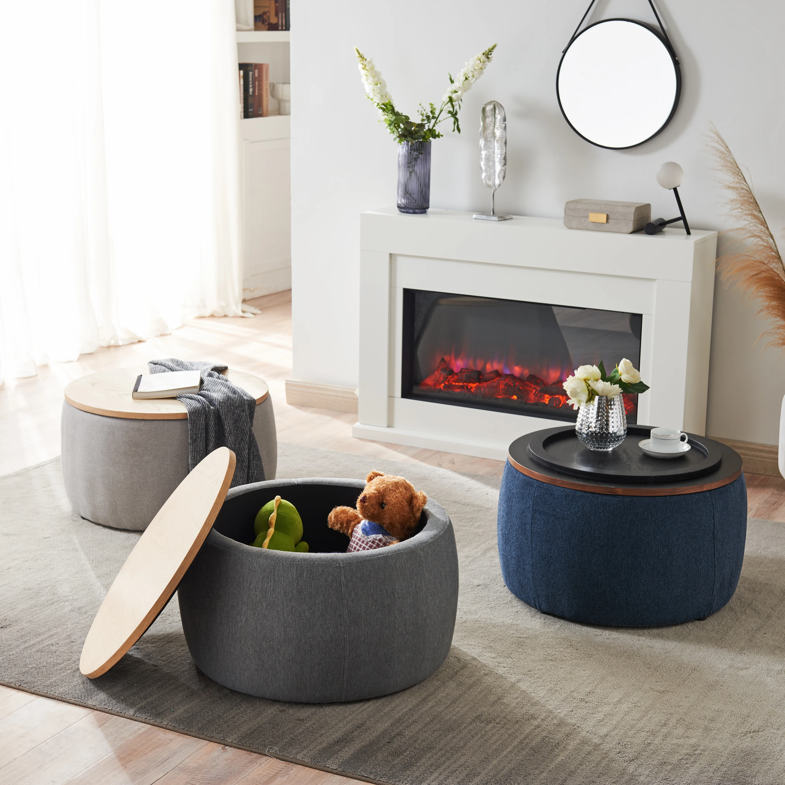 [Flash Sale]2 in 1 Function Round Storage Ottoman Work as Coffee End Table and Footstool 25.5