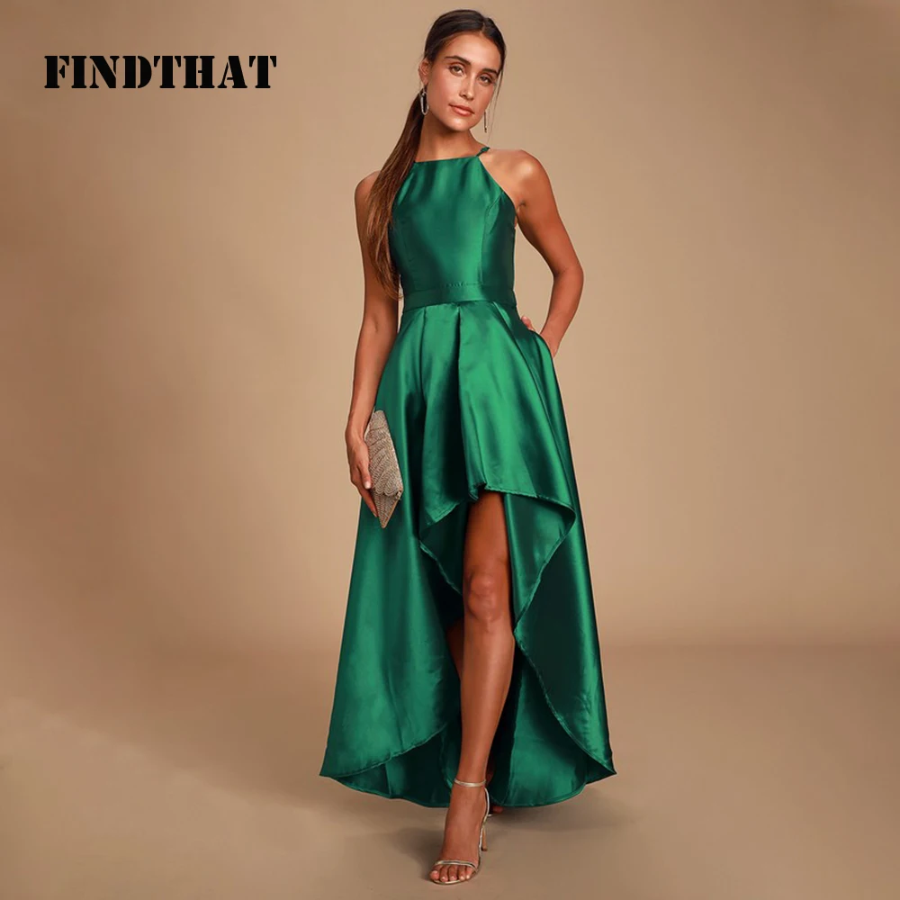 Findthat Simple Halter Sleeveless Satin Bridesmaid Dresses 2024 Asymmetrical A-Line with Pockets Party Cocktail Gown Zipper Back