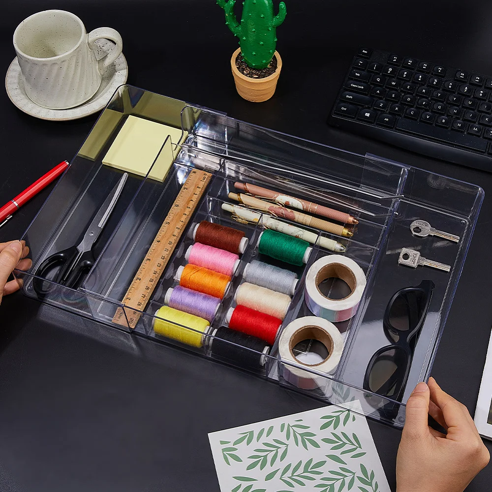 8 Grids Expandable Acrylic Drawer Organizer 10.5x10.5x2.2 Inch Drawer Trays with Adjustable Compartment Clear Shallow Divider