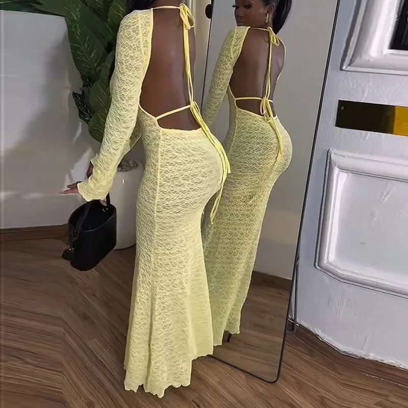 Frauen Volle Hülse O-ansatz Bodycon Backless Maxi Langes Kleid 2025, Sommer Geburtstag Abend Urlaub Sexy Party Kleider Schal