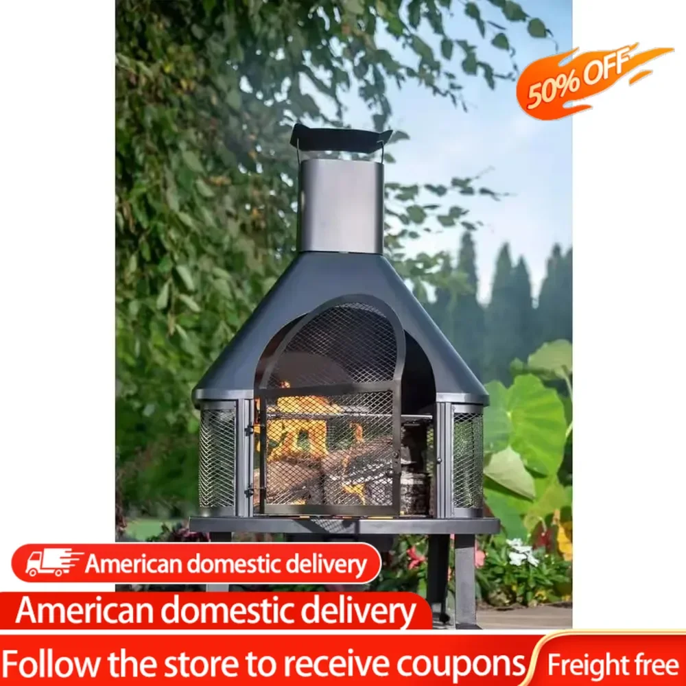 

Wood Burning Fireplace Outdoor Steel Chimney Rectangular Fire Bowl for Backyard Patio or Deck Bonfire Heating, Black