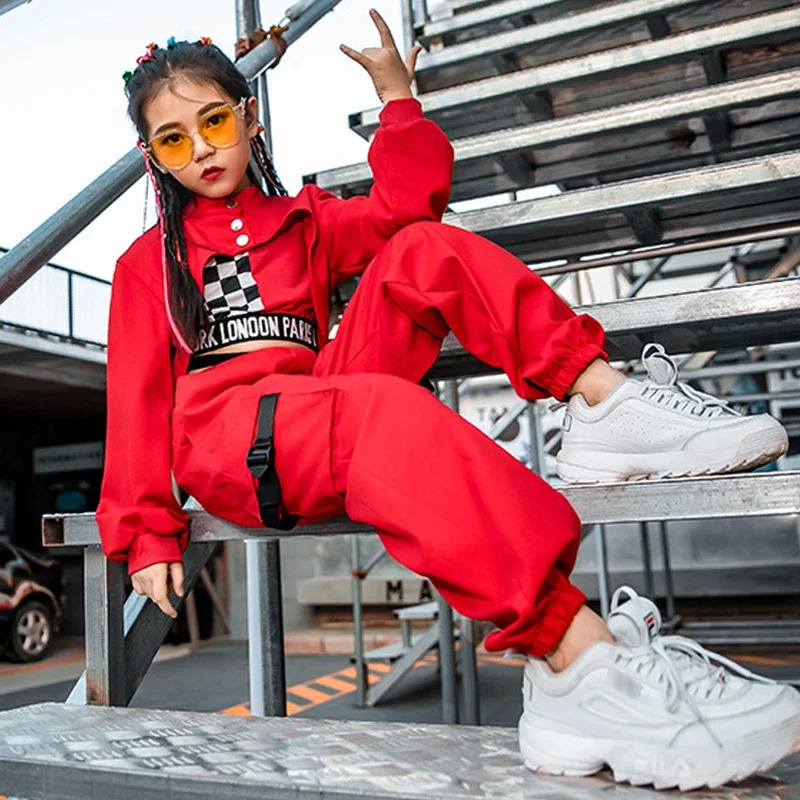 Girls Street Dance Wear Clothes Jazz Dancing Costumes Winter Long Sleeve Red Tops Pants Vest Stage Perform Drum Hip Hop Clothing