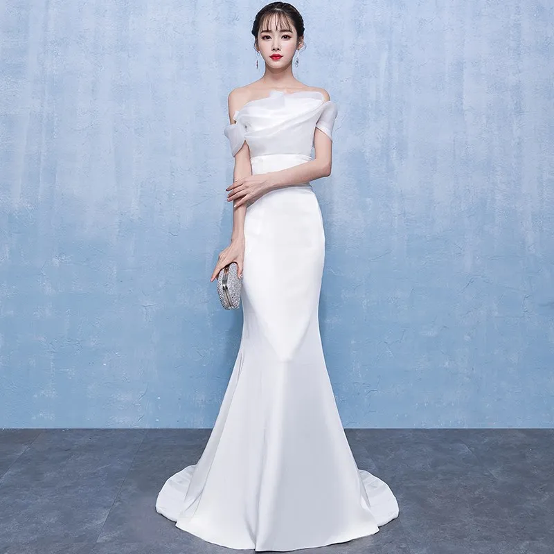 Ele White Fi Tail Evening Gown with Strapl Design for Women High-end Host Outfit Luxury Chorus Performance Dr