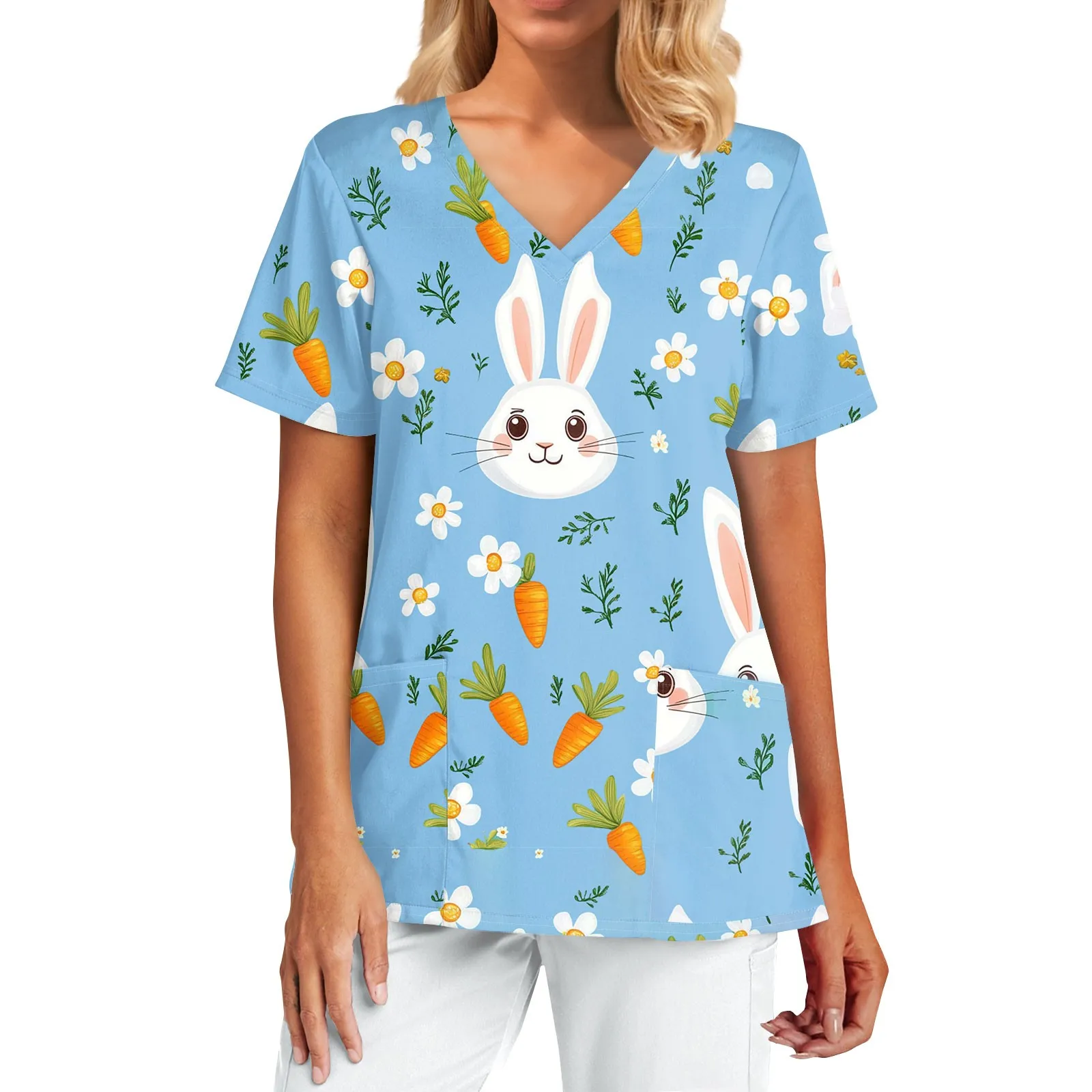 Uniformes femininos médicos coelhinho da páscoa dos desenhos animados impressão obstetrícia enfermagem topos com decote em v manga curta camisetas pet médico esfrega para mulher