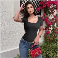 Summer Sexy Short Sleeve Ribbed Square Neck Thong Bodysuits One Piece Square Bodysuits Tummy Control Body Shapers Belly