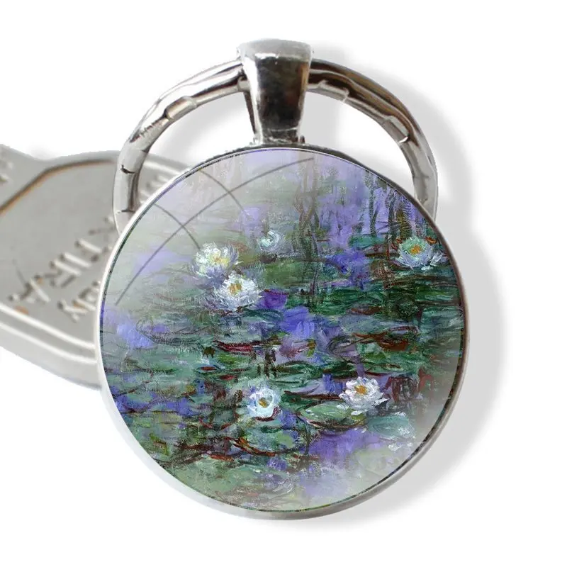 Keychain Handmade Glass Cabochon Key Ring Holder Pendant Key Chains Claude Monet Cyan Blue Water Lilies