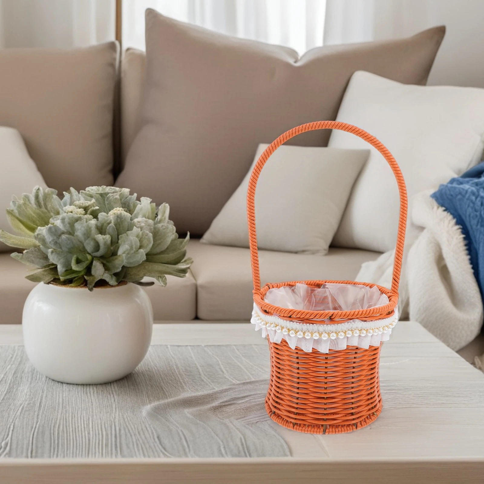 

Wicker Flower Basket with Handle Handheld Round Rattan Basket for Planting Picnic Outdoor Gathering Decorative Use