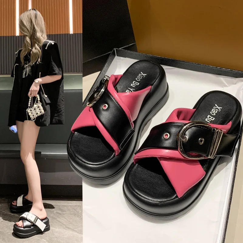 Summer Platform Slippers Women Punk Style Belt Buckle Design Slide Sandals Thick Bottom 7cm Flip Flops Light Non-slip Beach Shoe