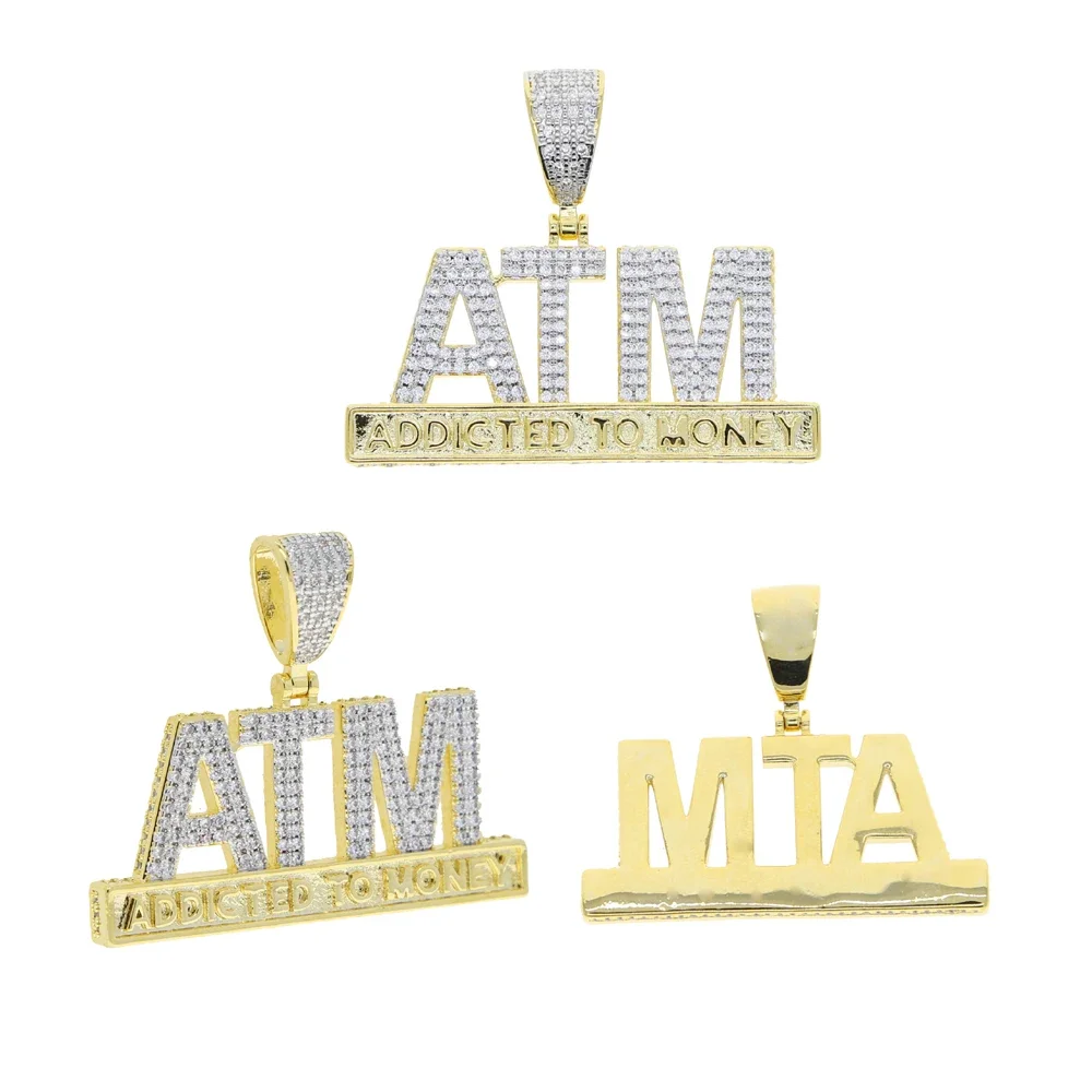 Wholesale Hip Hop Iced Out Bling 5A Cubic Zircon Letters ATM Addicted To Money Pendant Necklaces For Men Boy Rope Chain Jewelry