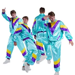 Men Retro Disco Cosplay Costume Adult 80S 90S hip-hop Tracksuit Jacket Pants Sportwear Outfits Halloween Carnival Party Suit