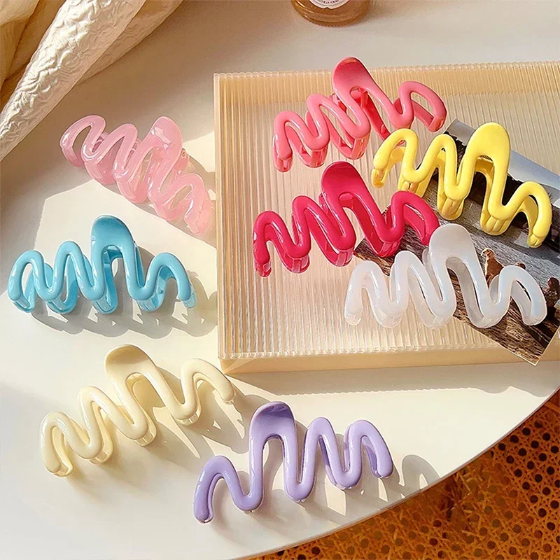 Dopamine Creamy Color Geometry Wave Line Back Head Hair Claw Hair Claw Clip Women Girl Hairpin Ponytail Hair Accessories