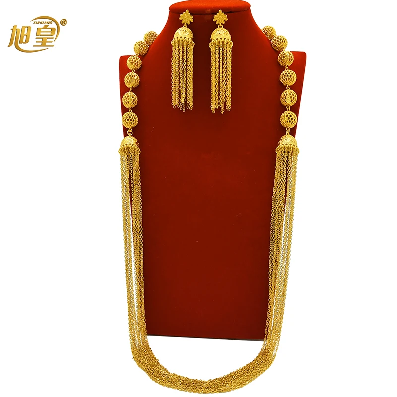 Fashion Indian Luxury 24k Gold Color Long Chain Necklace Sets With Tassel for Women Dubai Necklace&Earrings Jewelry Party Gifts