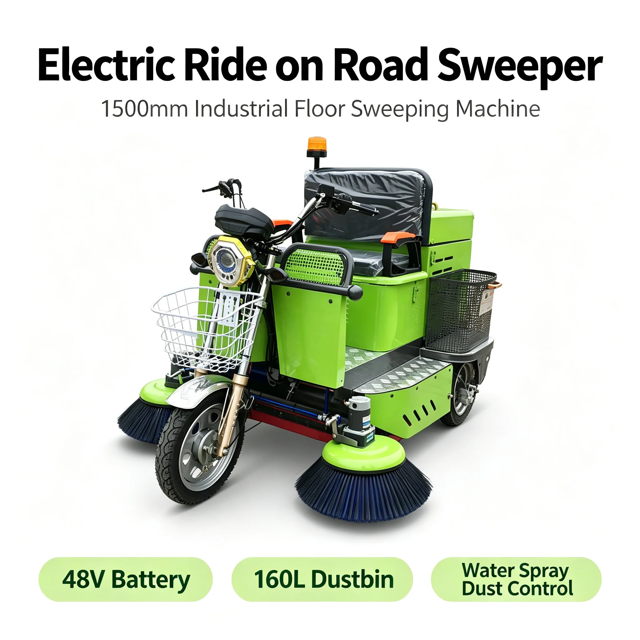 Tricycle Handlebar Electric Road Sweeper 48V Ride-on Street Cleaner 1500mm Width Industrial Floor Sweeping Machine 10000m²/h