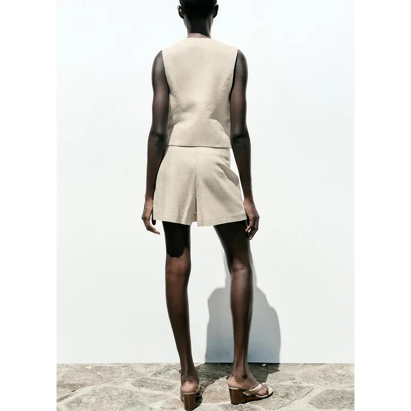 

Linen Blend Beaded Decorated Vest And orts Set ort Sve V-Ne Button-Up Women's Faion Summer Outfit Two-Piece Suit