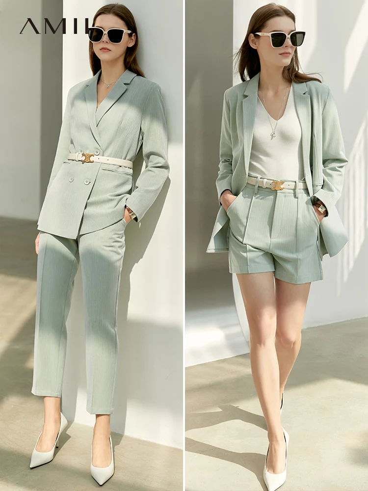 Amii Minimalism Spring Suit Office Lady Blazer Set Women Lace Vneck Tanks High Waist Women Pants Female Shorts Outfits 12060909