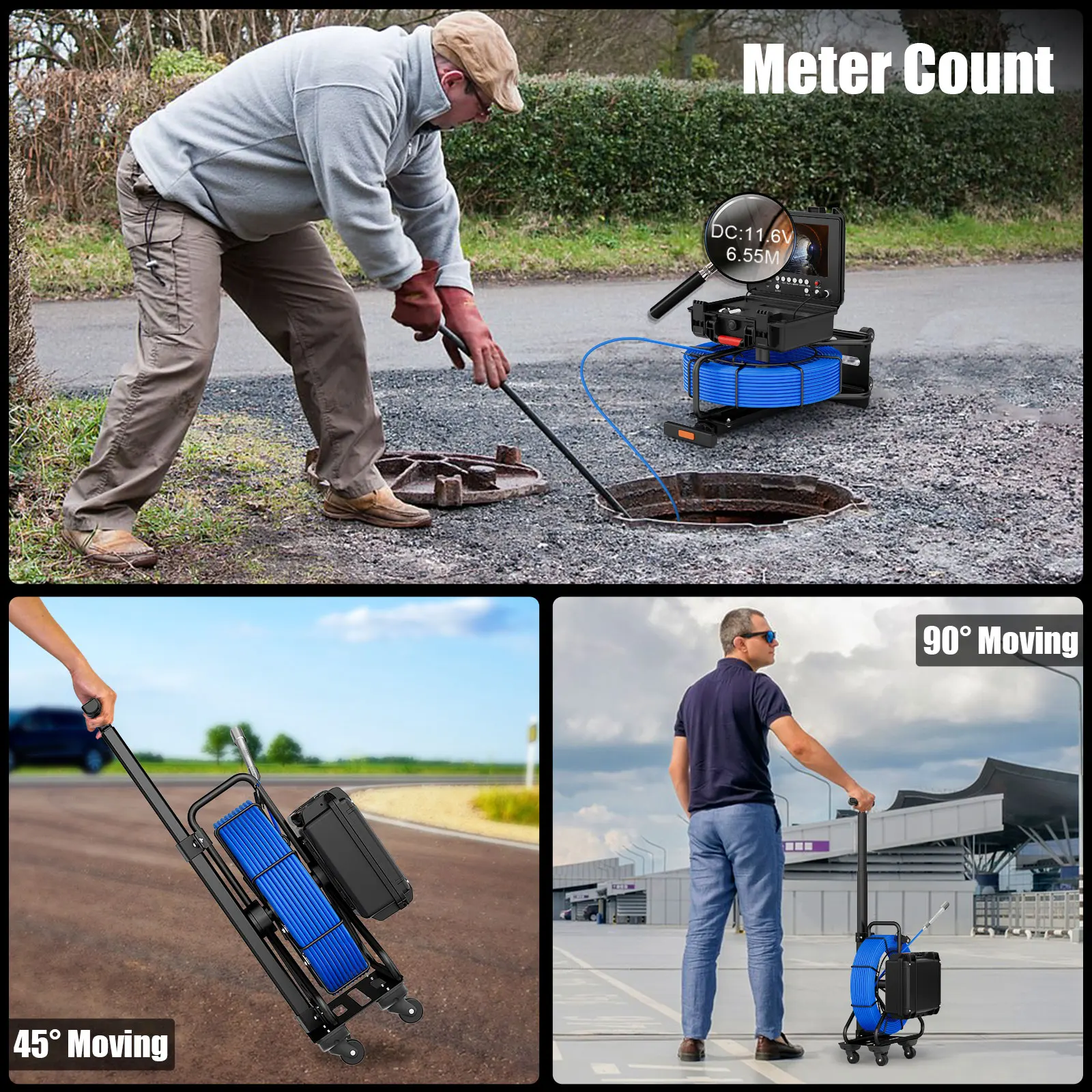 Portable Trolley Pull Rod 9" Pipe Inspection Camera 512HZ Self-leveling With Locator Meter Counter Sewer Industrial Endoscope