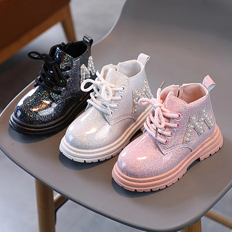 Autumn New Baby Cute Short Boots Boys Girls Fashion Single Leather Boots Little Princess Elegant  Beading Decoration Boots