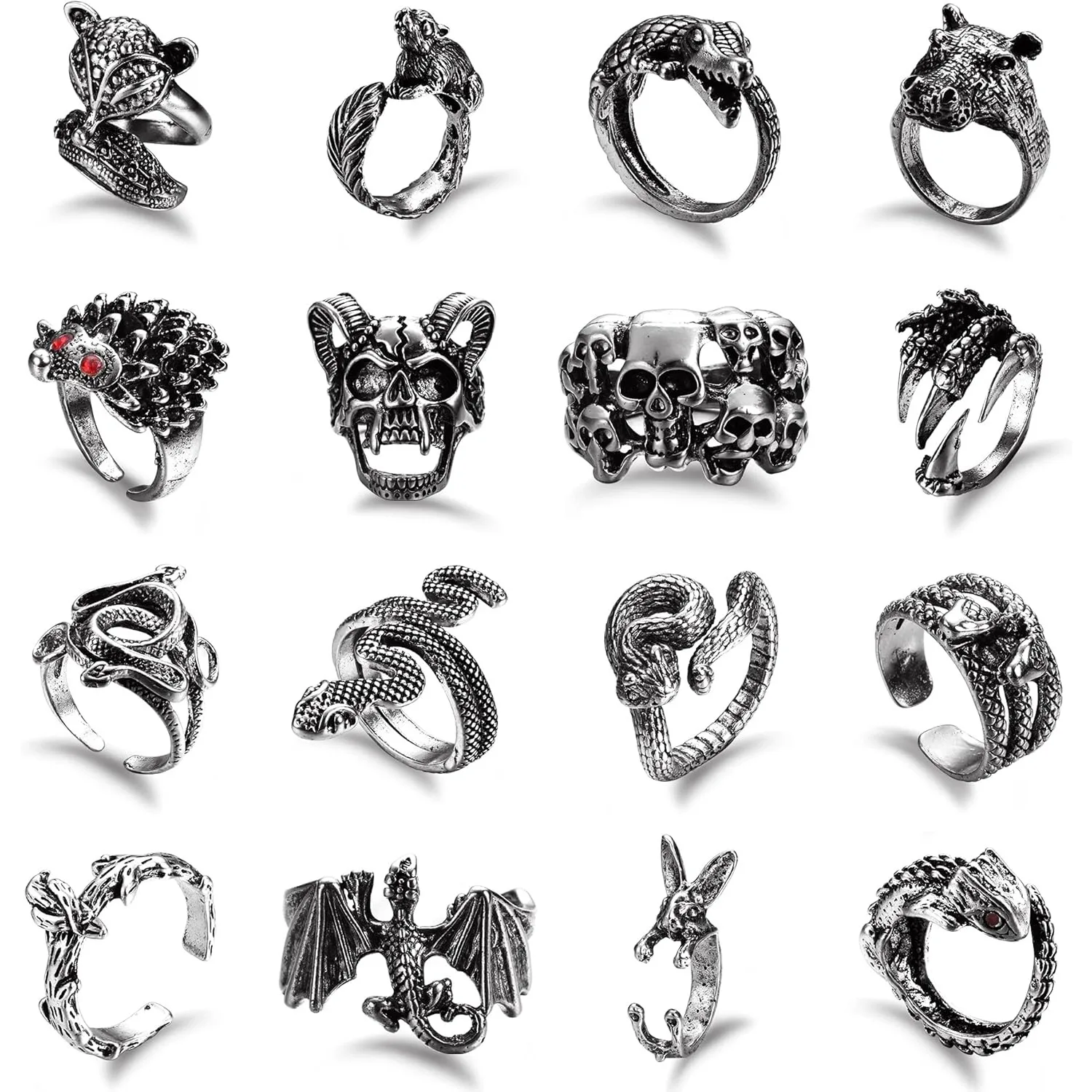 

Florideco 16Pcs Gothic Open Rings Set for Men Women Punk Adjustable Snake Dragon Claw Animal Vintage Skull Rings Halloween Gifts