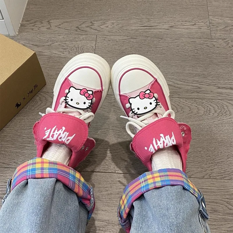 New anime Hello Kitty strappy breathable women's thick-soled non-slip wear-resistant cute casual sports high-top canvas shoes