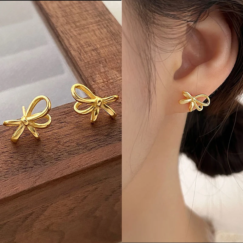 New Simple Metal Bowknot Stud Earrings for Women Korea Gold Silver Color Small Dairly Earring Boucles D\'oreilles Fashion Jewelry