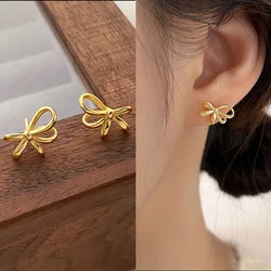 New Simple Metal Bowknot Stud Earrings for Women Korea Gold Silver Color Small Dairly Earring Boucles D'oreilles Fashion Jewelry