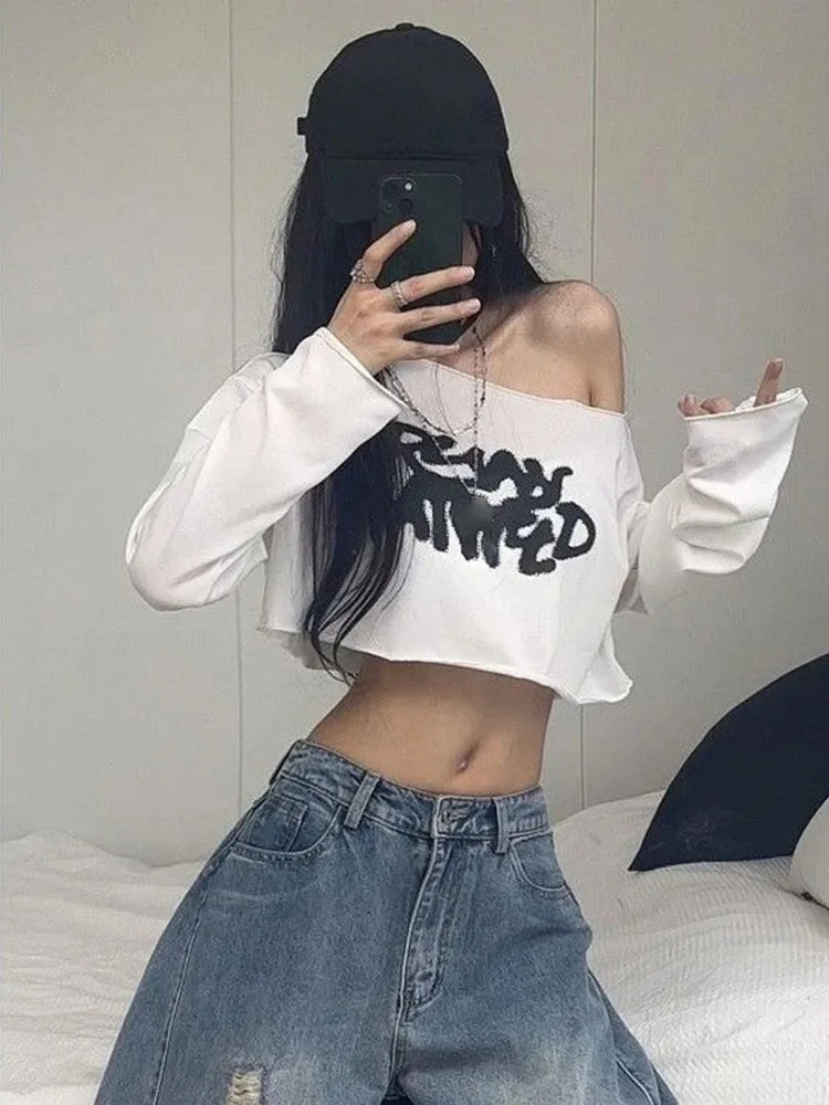 T Shirts Women Sexy Letter Printed Diagonal Collar Long Sleeve Fashion Crop Tops Y2k Off Shoulder Ladies Casual Tee