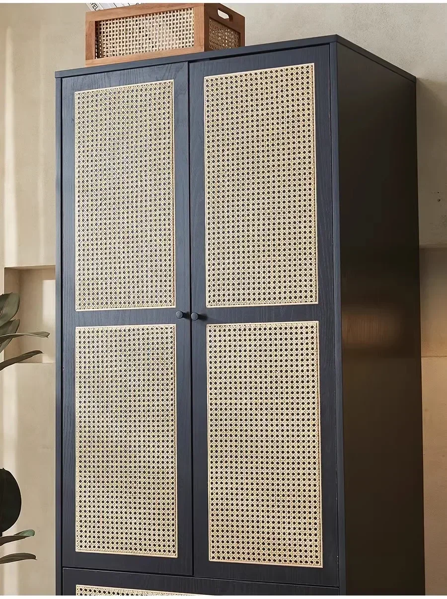 DSAsolid wood rattan double door wardrobe storage large closet hanging cabinet