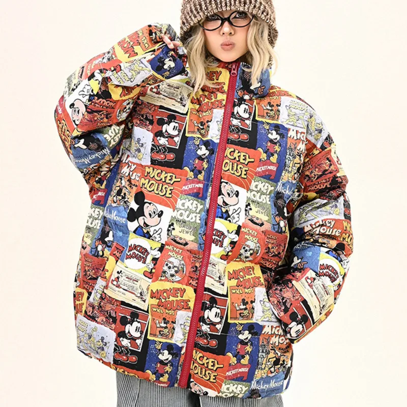 Disney Mickey American Style Cartoon Full Print Cotton Coat Men Women Fashion Trend Cotton Jacket Winter Thick Niche Couple Coat