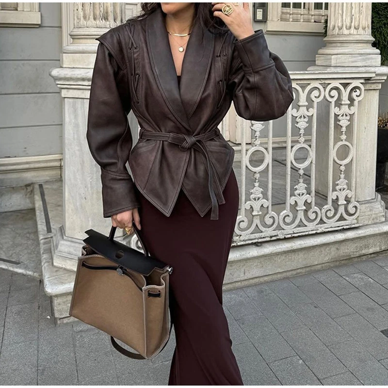 

Women Belt Navy Collar Leather Short Jacket Casual Full Sleeve Slim Cropped Brown Pu Coat Lady New Highstreet Party Outwear