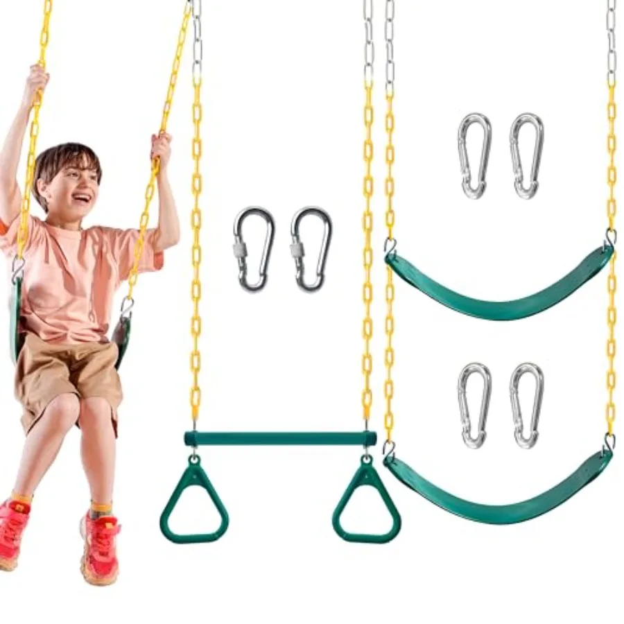 

3 Pack Assorted Swing Set Including 1 Gym Rings Trapeze Bar and 2 Pcs Swings with Plastic Coated Chain Swingset Accessories Rep