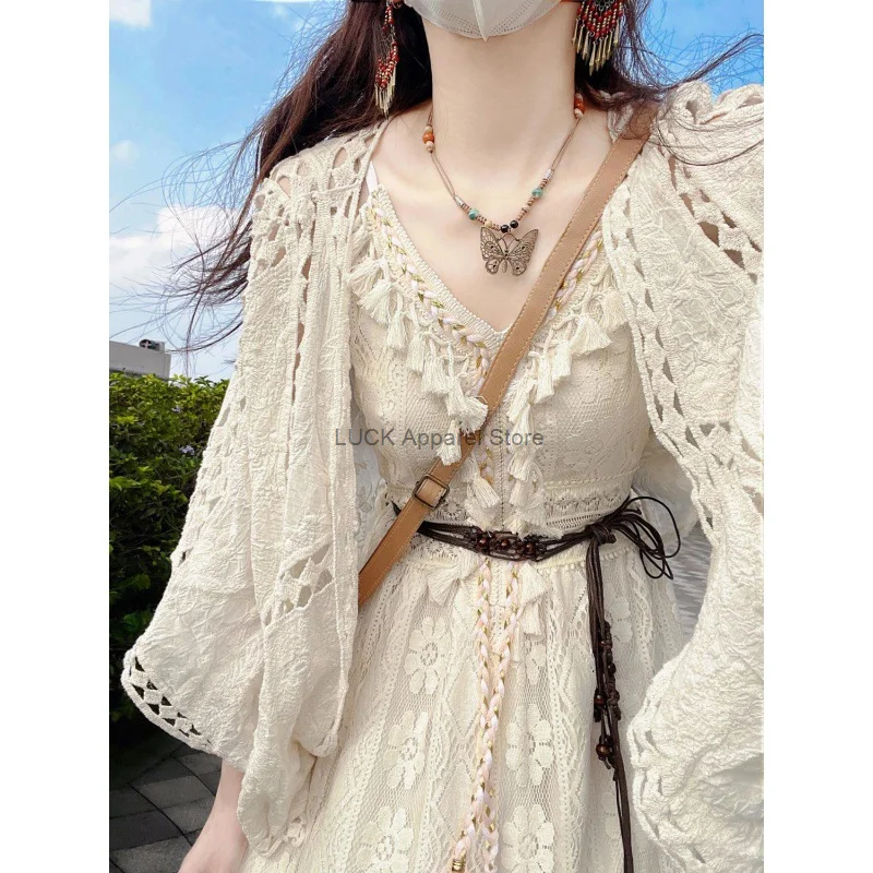 Women Dress Spring/Summer New Vacation Bohemian Hollow Strap Dress Tassel Long Dress Sun Drying Cardigan Dress