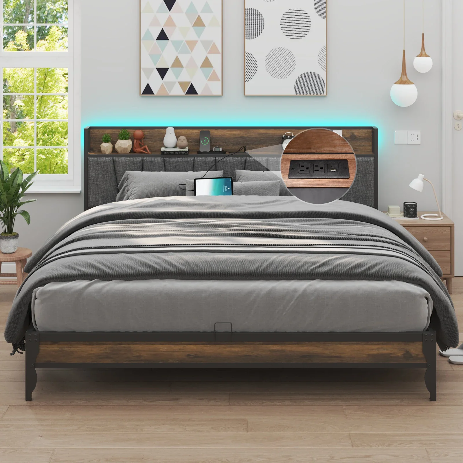 LED Full Size Bed Frame with Charging Station, Metal Platform Bed W/Outlets, USB/Type-C Port & Storage Headboard, Rustic Brown