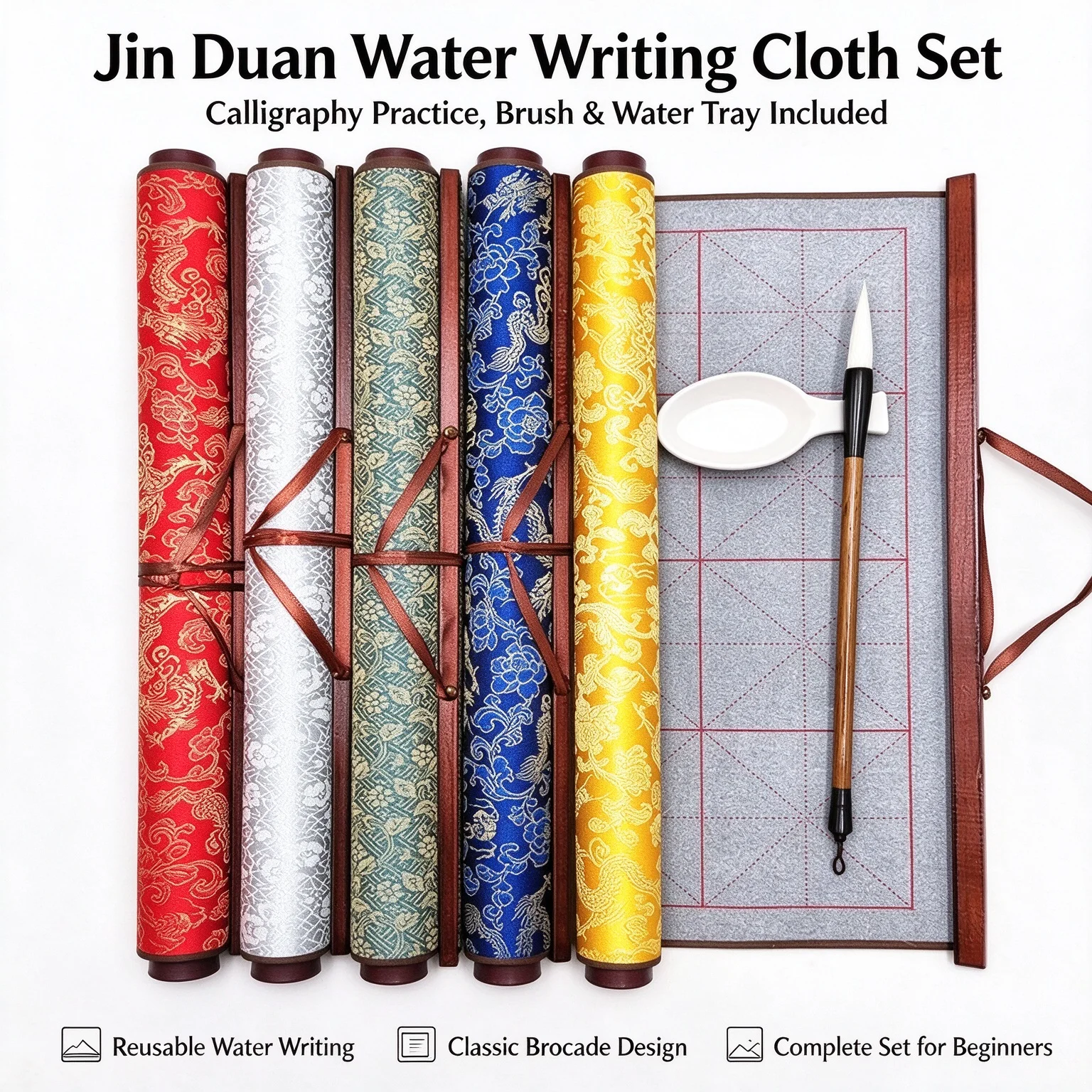 Brocade Water Writing Cloth Set Reusable Chinese Calligraphy Practice For Beginners Adults Kids Primary Students Copybook Kit