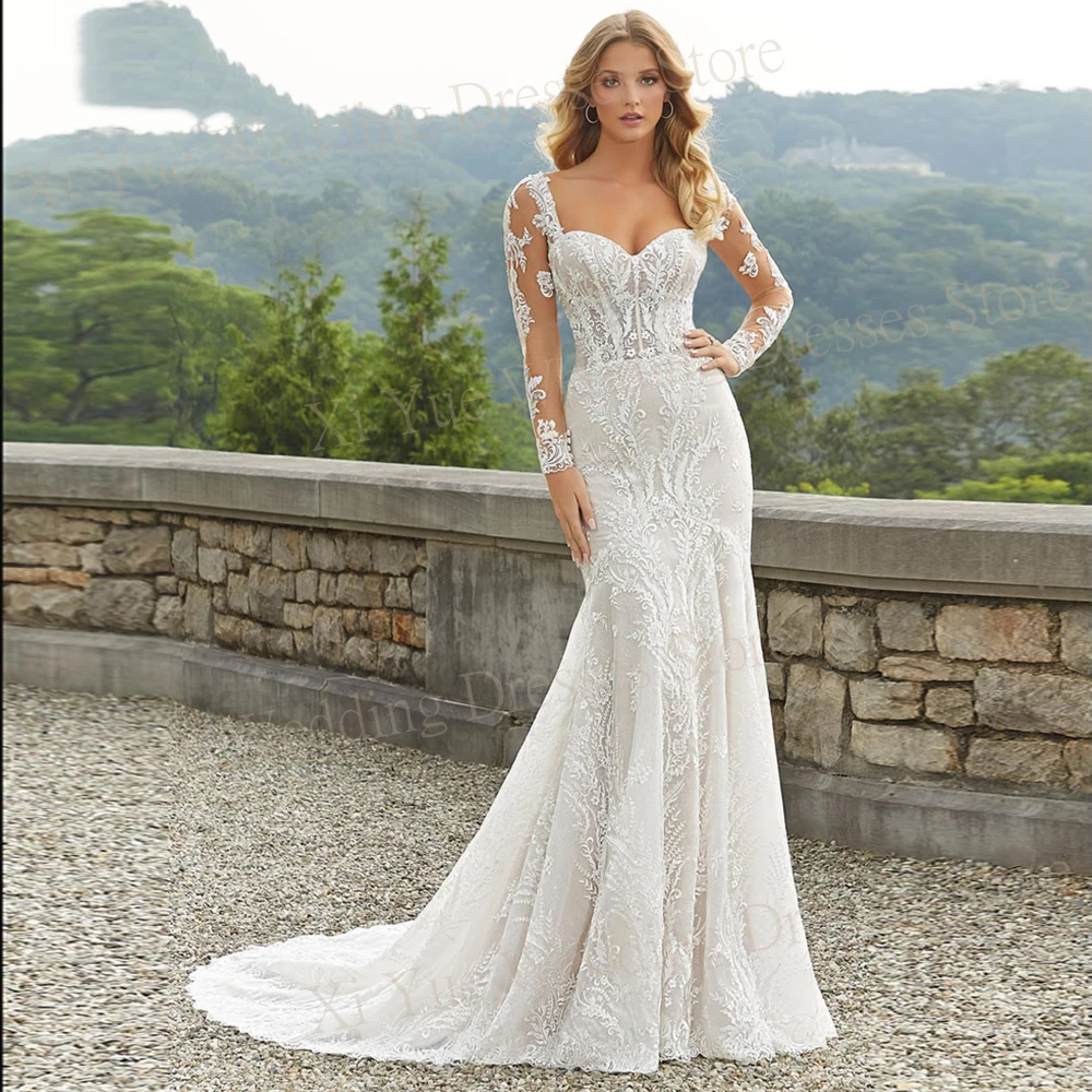 Charming Sweetheart Mermaid Sexy Slim Wedding Dresses Lace Appliques Bride Gowns With Detachable Full Sleeve Vestido De Novias