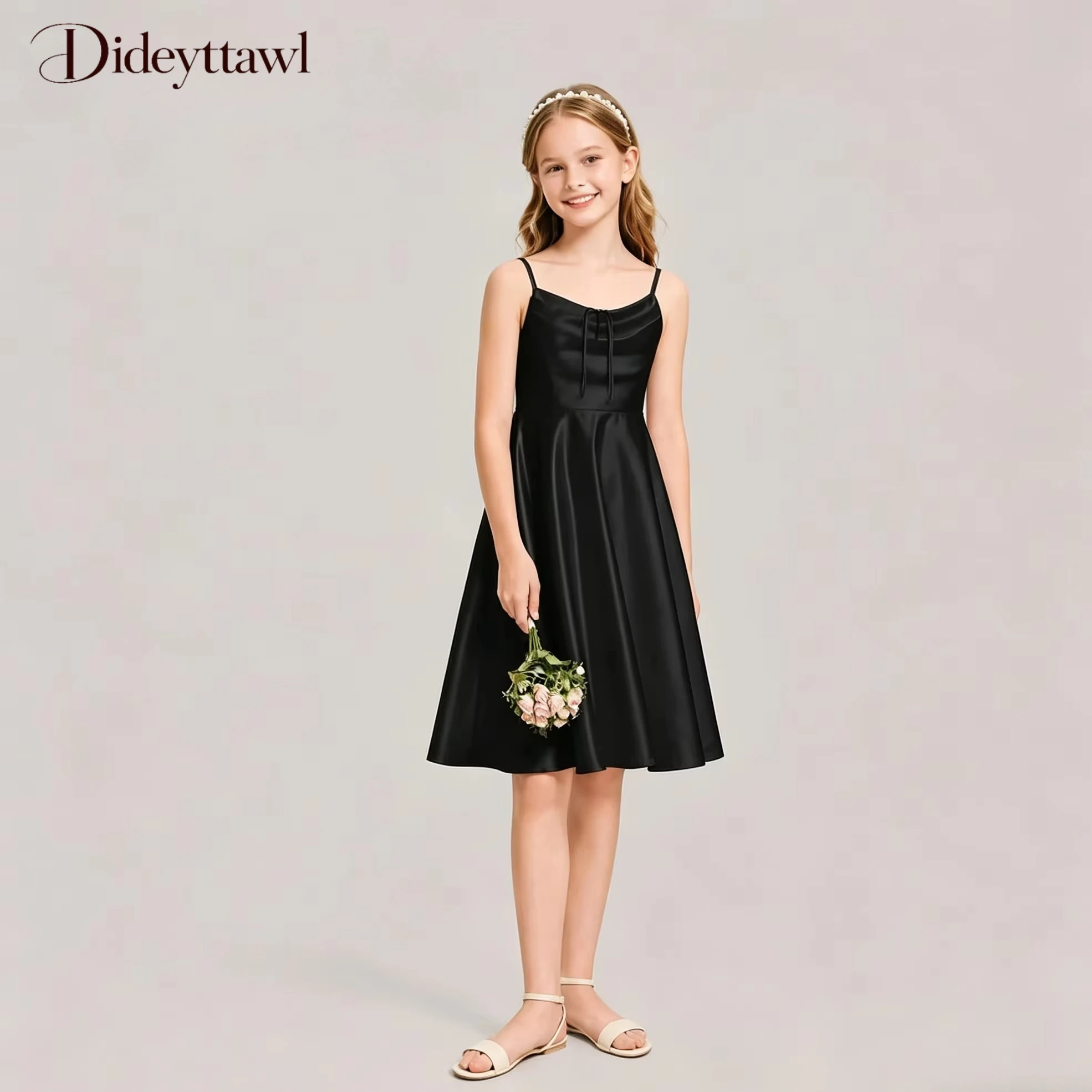 Teen Girls Satin Spaghetti Strap Midi Dress Back Big Bow Formal Gown For Wedding Bridesmaid Birthday Evening Pageant Multi Color