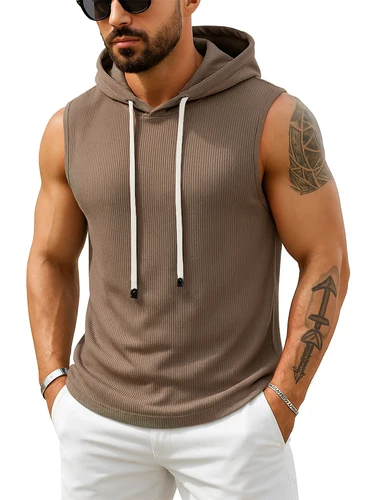 Imagen 2 del producto Camiseta sin mangas para hombre, Sudadera con capucha sin mangas acanalada, chaleco informal con capucha para ajuste muscular, ropa de calle para gimnasio, ropa deportiva para hombre, camiseta sin mangas con capucha