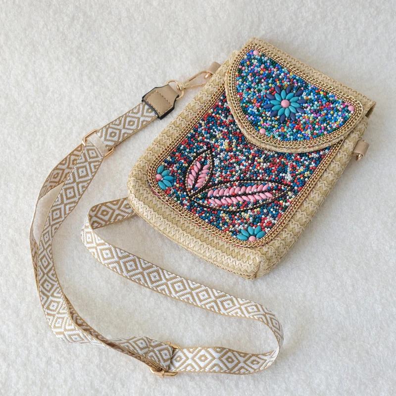 

Women Fashion New Straw Woven Crossbody Bag Boutique Beaded Bag Versatile Mobile Phone Bag Cute Unique Shoulder Travel Small Bag