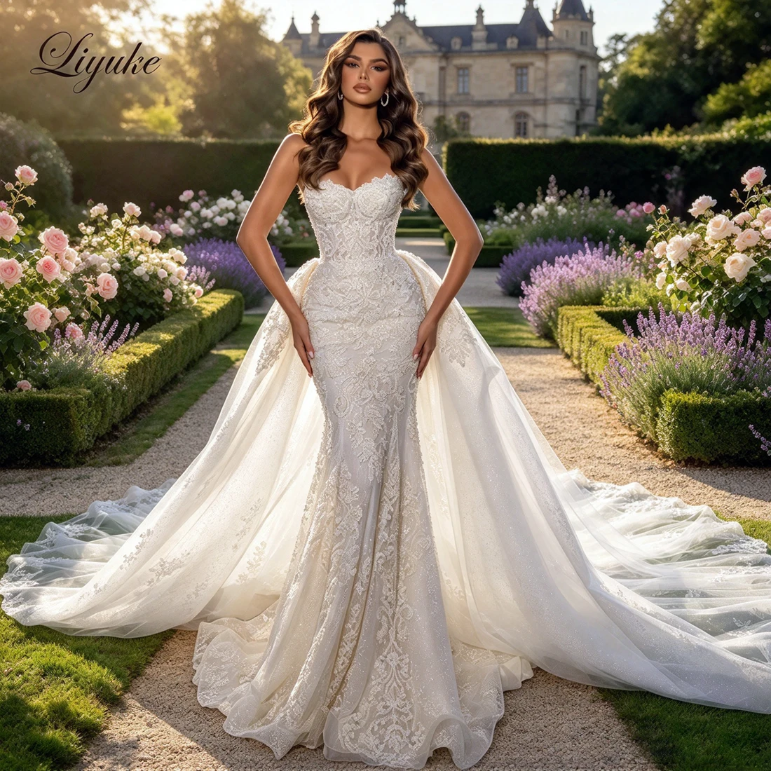 Liyuke Luxury Lace Strapless Mermaid Wedding Dresses Beading Pearls Appliques Off Shoulder 2 In 1 Bridal Gowns Removable Train